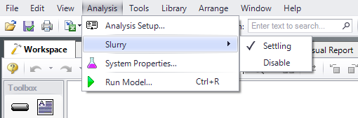 Selecting the Settling option for Slurry from the Analysis menu. 